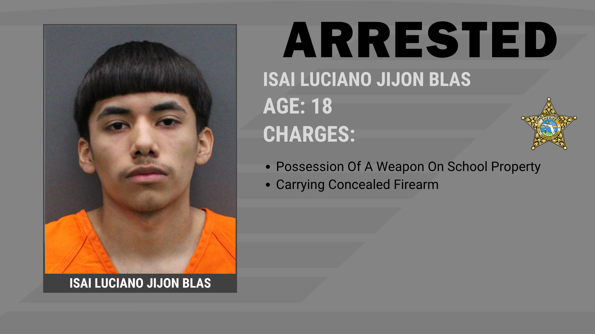 STUDENT ARRESTED FOR BRINGING FIREARM TO SCHOOL